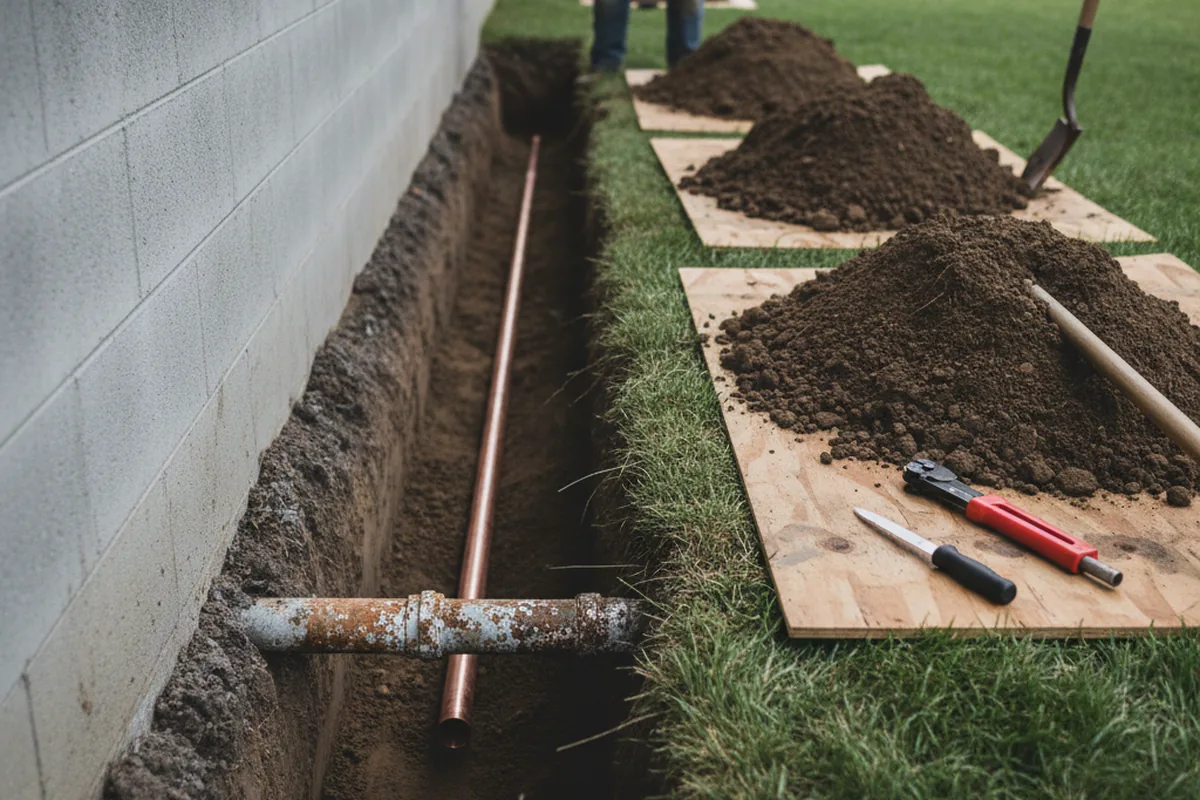 Excavated water line trench during Sewer Line Repair in Copperas Cove